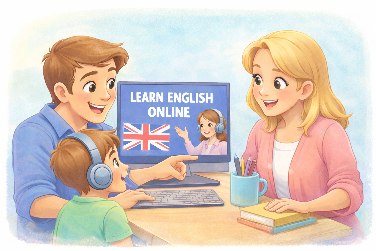 Părinții și copilul la o lecție de engleză online