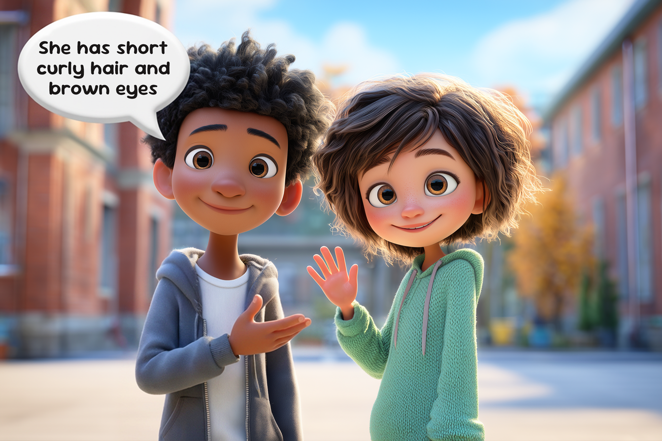 Copil ce își prezintă prietena cu păr creț și ochi căprui spunând „She has short curly hair and brown eyes.”