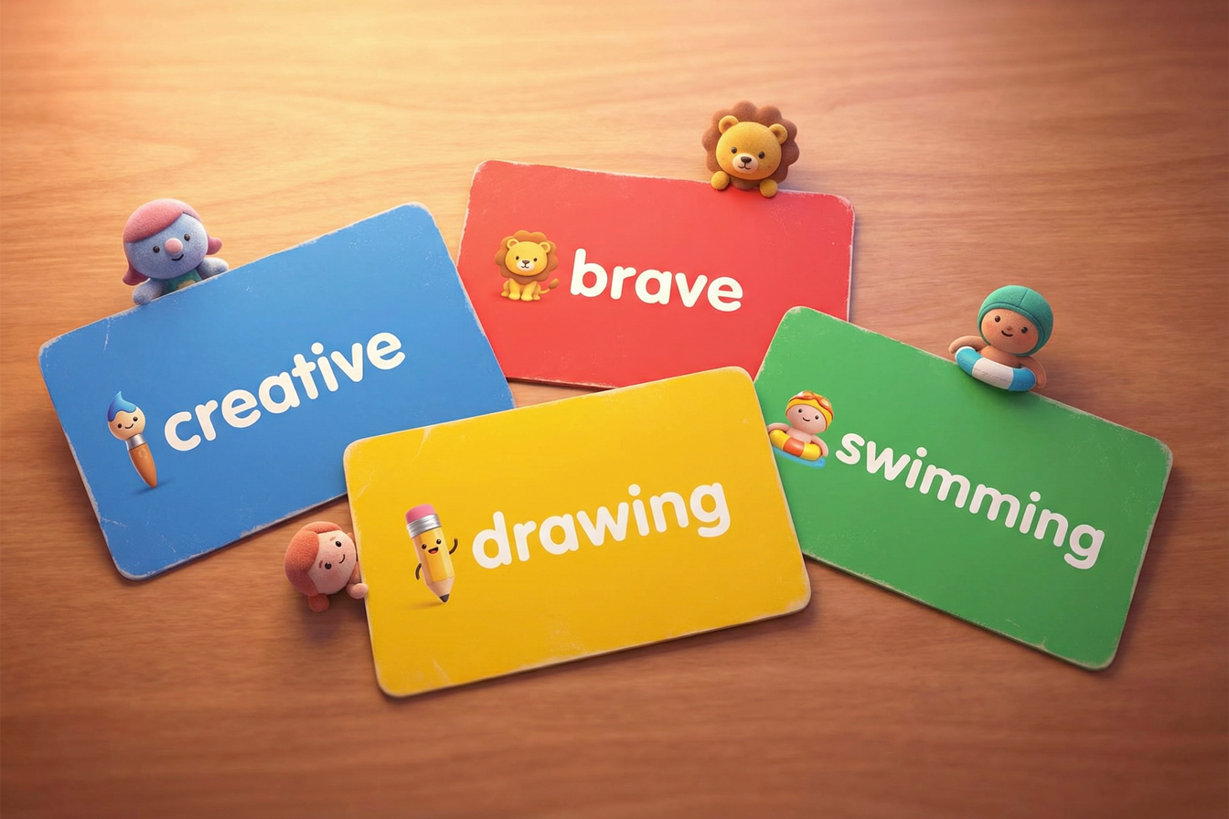 Patru cartonașe pe o masă, fiecare cu un cuvânt scris: adjective (creative, brave) și hobby-uri (drawing, swimming), aranjate amestecat
