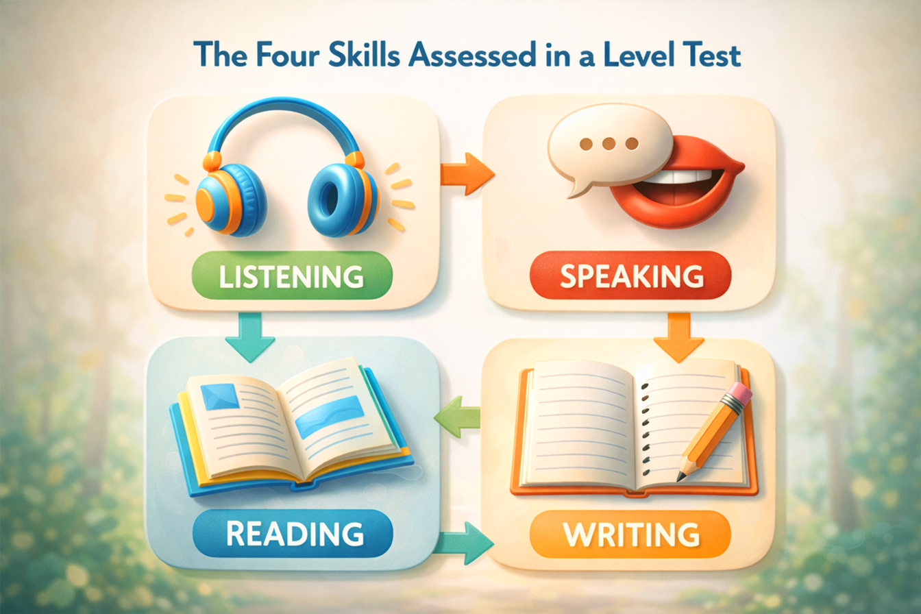 Diagramă cu cele patru abilități evaluate într-un text de nivel la engleză pentru copii: listening, speaking, reading, writing