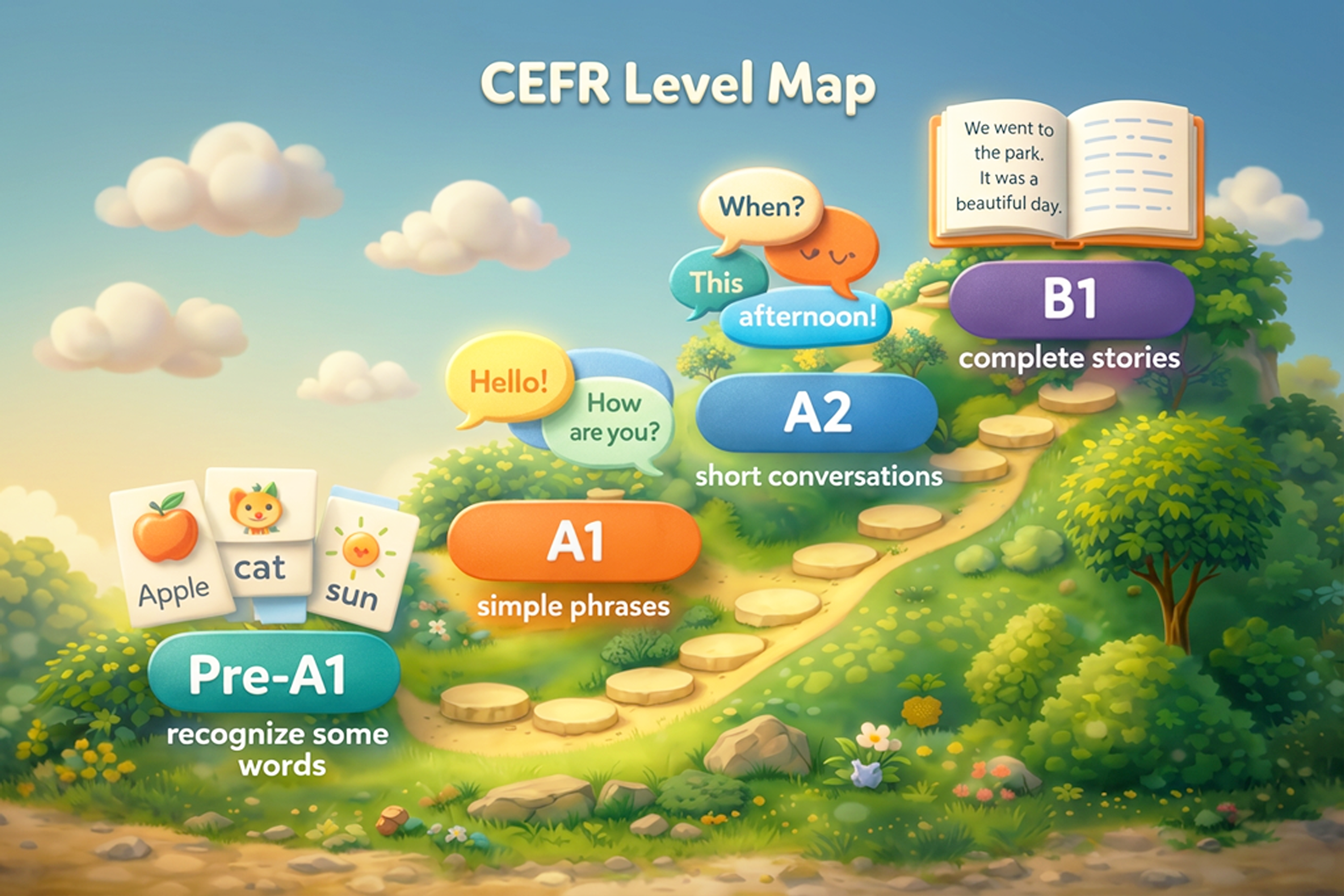 Hartă cu nivelurile CEFR pentru copii cu niveluri: Pre-A1 recunoaște unele cuvinte, A1 fraze simple, A2 conversații scurte, B1 povestiri complete