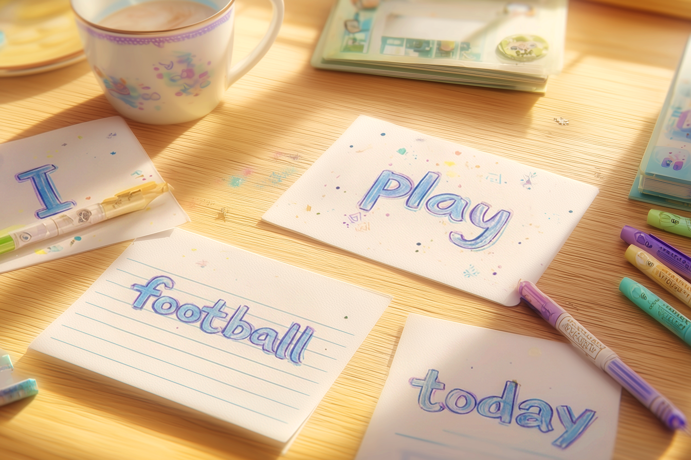 Mai multe foițe pe masă, amestecate, cu cuvintele „I”, „football”, „play”, „today”