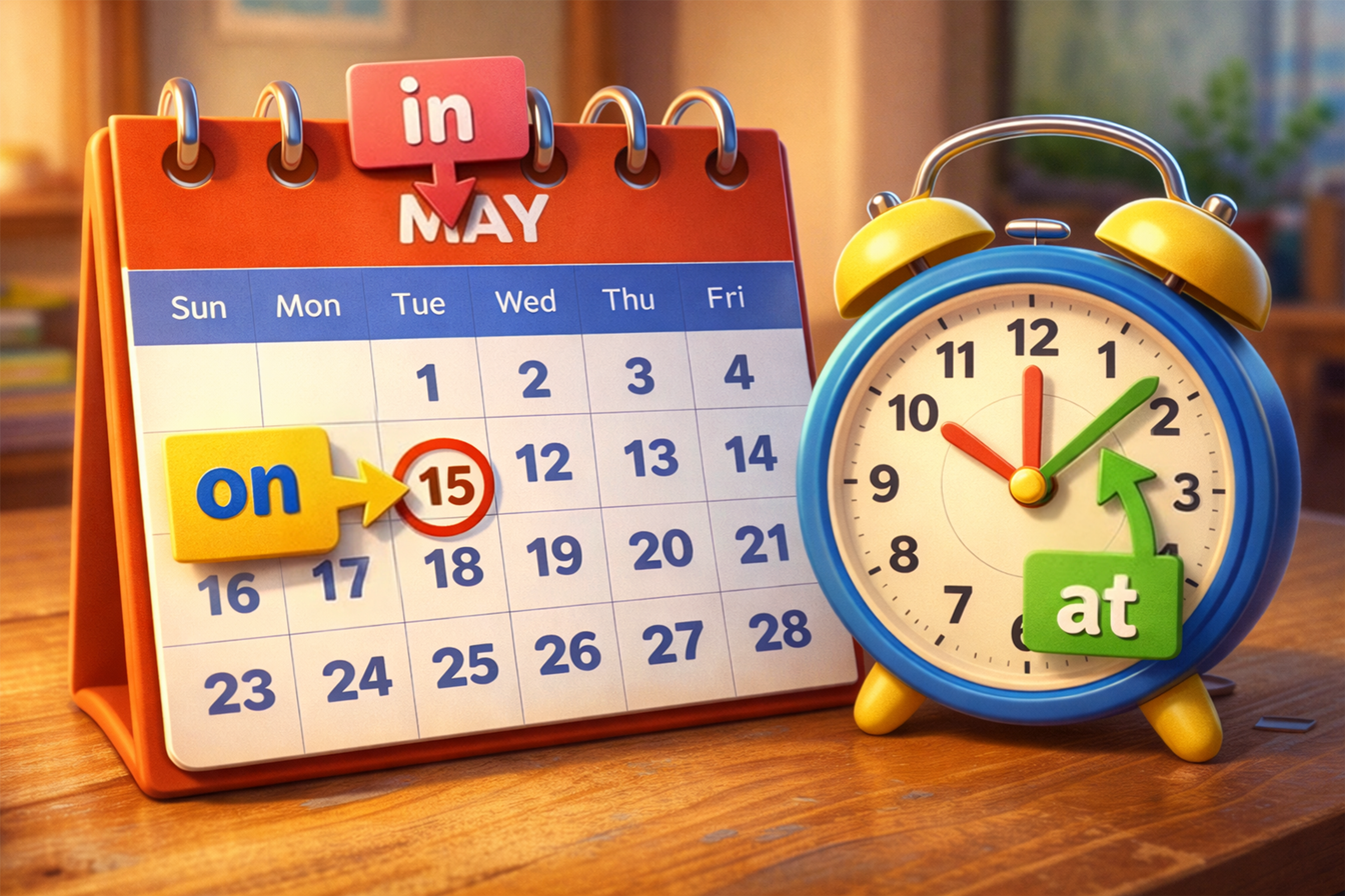 Un calendar și un ceas marcate: ziua încercuită cu on, luna cu in, ora pe ceas cu at, pentru a ilustra folosirea corectă a prepozițiilor de timp în engleză.