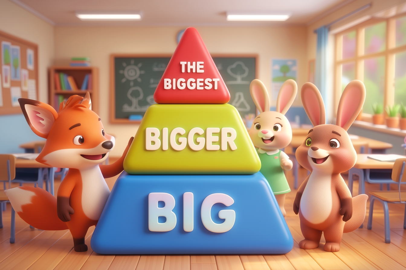 O piramidă împărțită în 3 părți, cu cuvântul „big” la bază, „bigger” la mijloc și „the biggest” la vârf