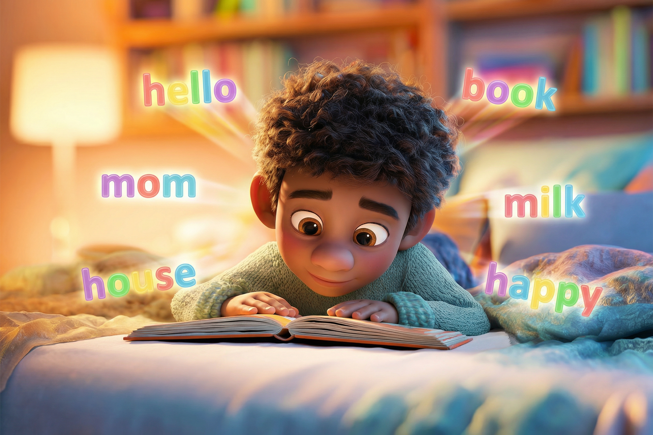 Ilustrație cu cele mai folosite cuvinte în engleză (hello, mom, house, book, milk, happy) evidențiate pe fundal, în jurul unui copil care învață
