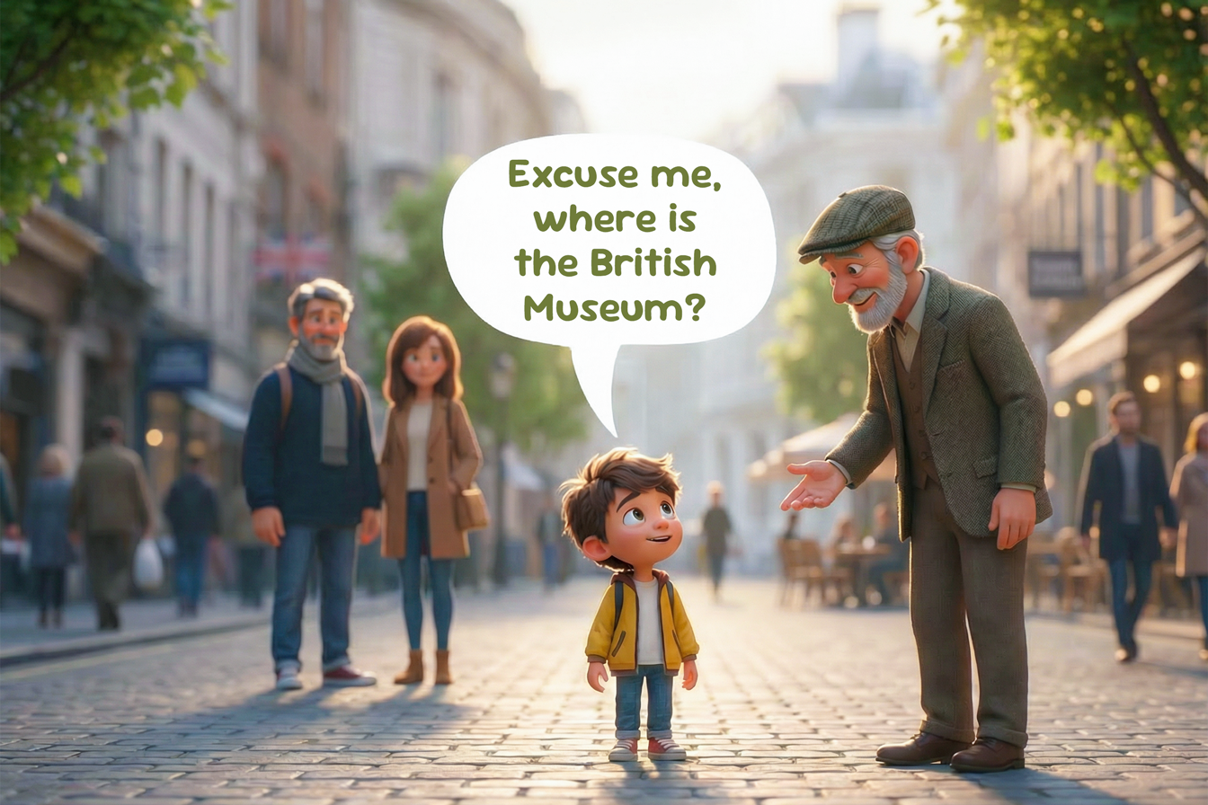 Copil împreună cu părinții la Londra care întreabă un localnic pentru direcții, folosind expresia în engleză “Excuse me, where is the British Museum?” la care localnicul răspunde zâmbind cald