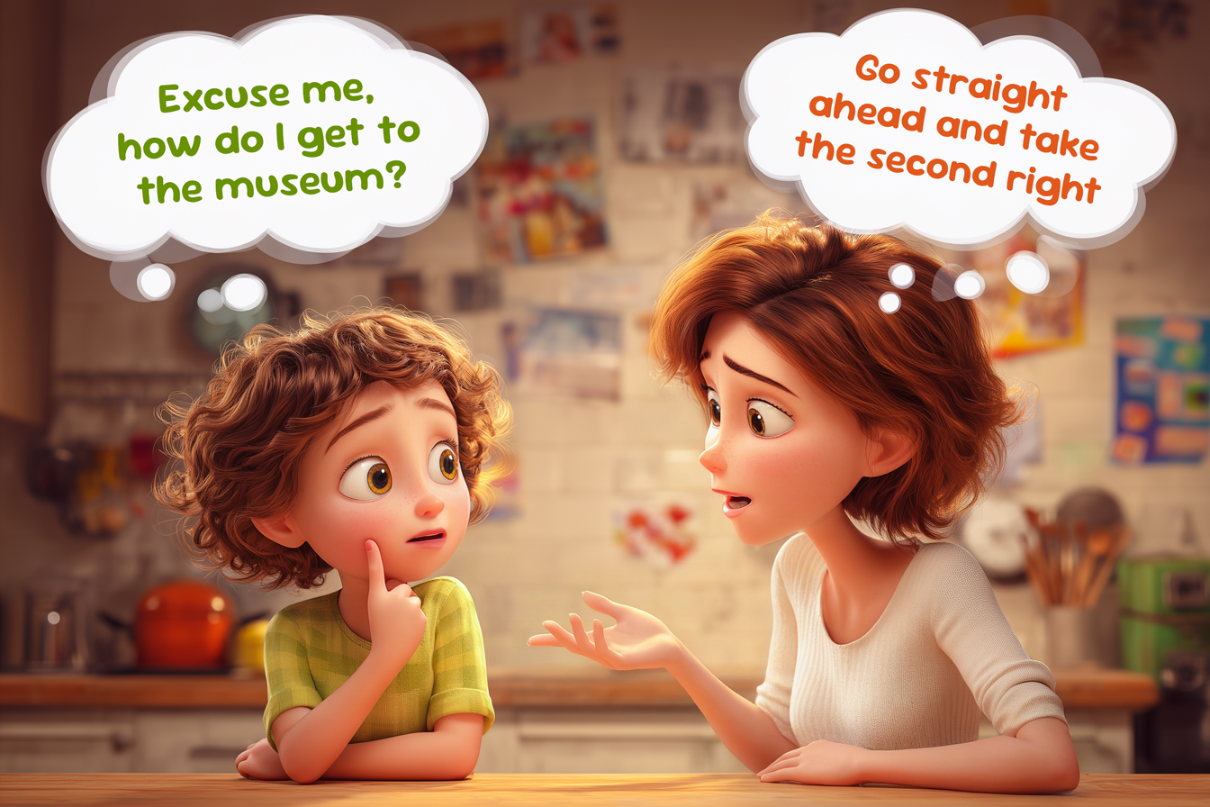 Mama și copilul acasă joacă un dialog de rol: copilul întreabă “Excuse me, how do I get to the museum?” iar mama îi răspunde: “Go straight ahead and take the second right.”