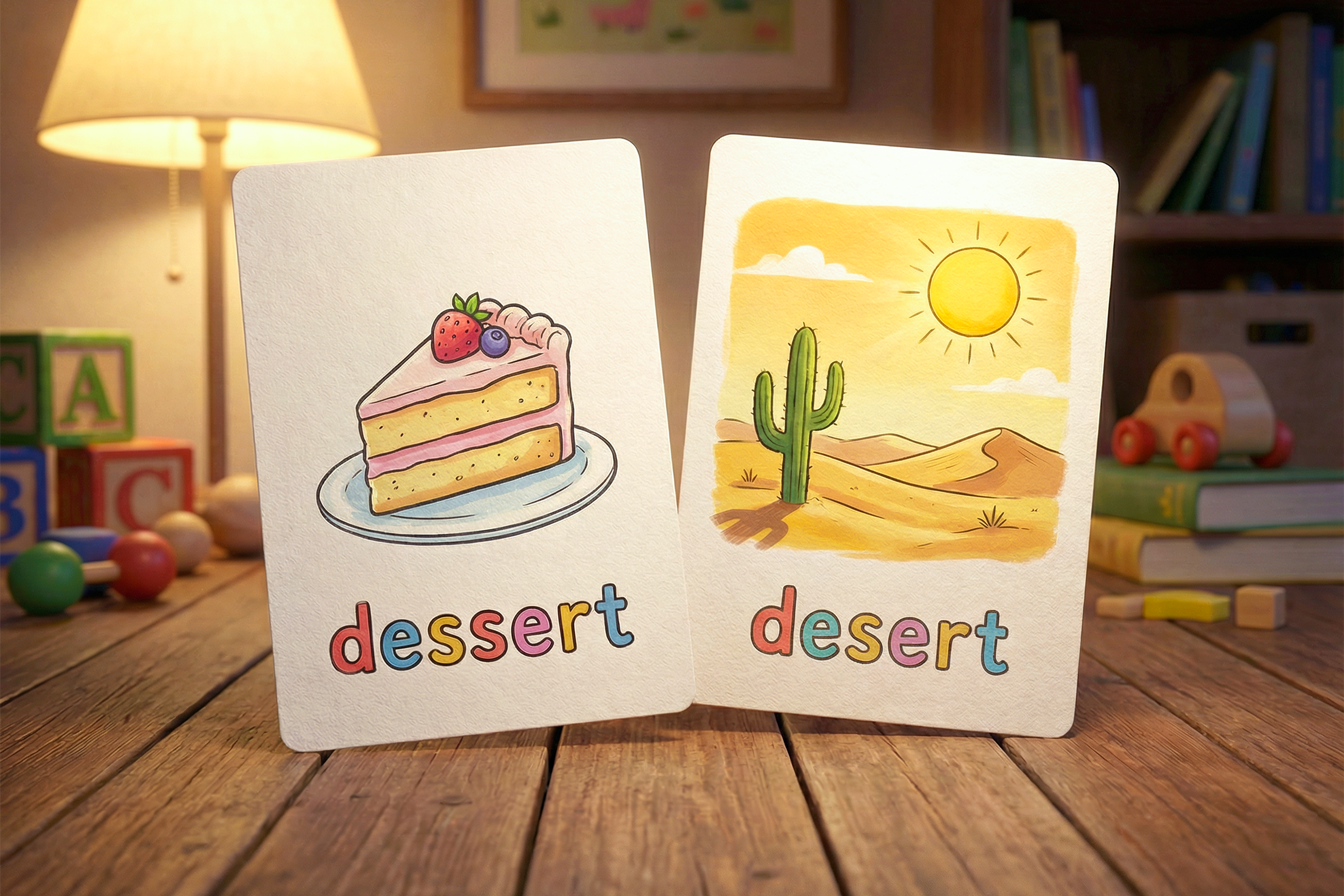 Două flashcarduri așezate pe o masă: pe primul scrie „dessert”, însoțit de desenul unei prăjituri, iar pe al doilea scrie „desert”, alături de o ilustrație cu un peisaj deșertic