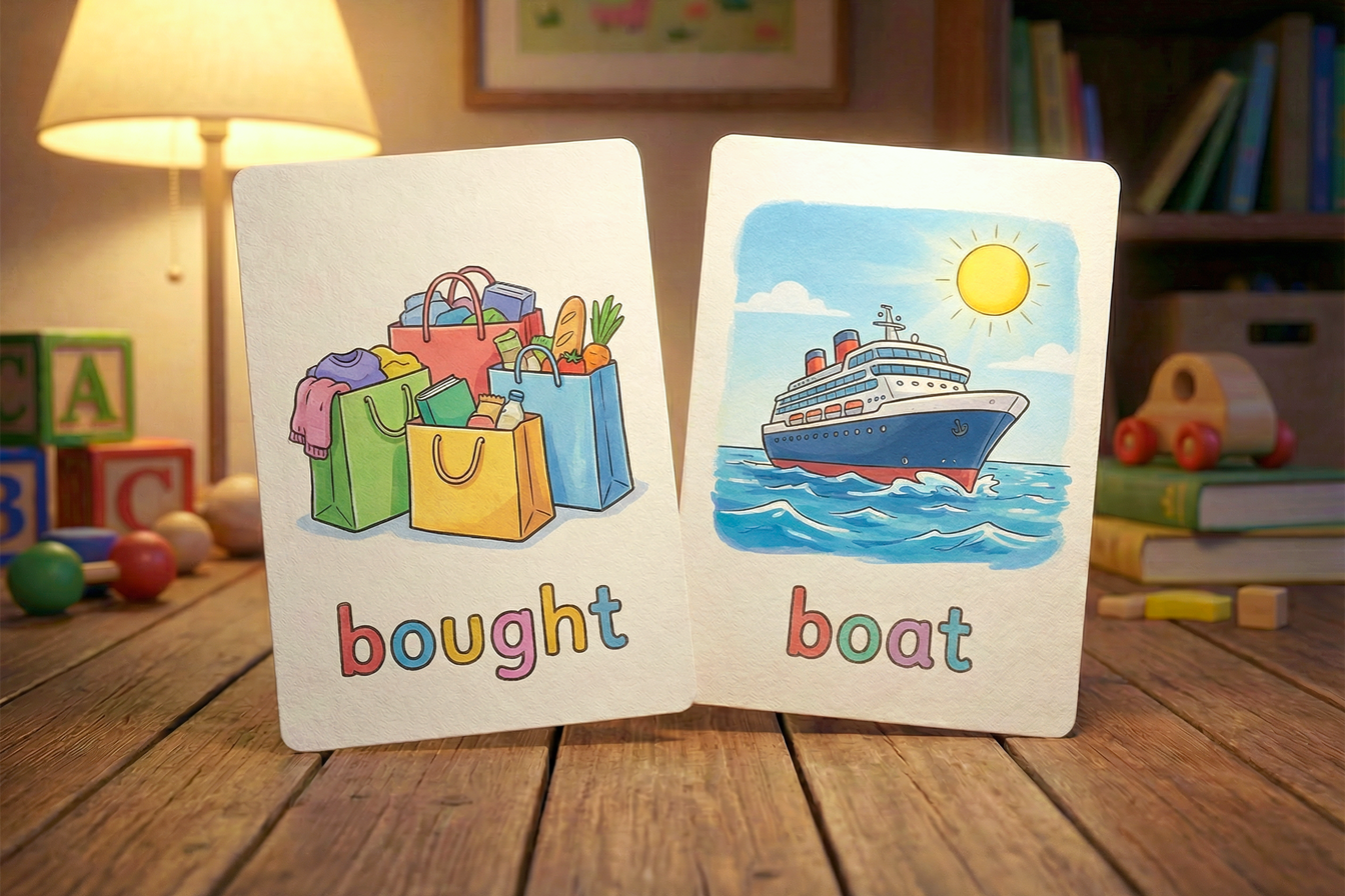 Două ilustrații pe o masă: pe primul scrie „bought”, și arată o imagine cu niște pungi de cumpărături, iar pe al doilea scrie „boat”, alături de o ilustrație cu o corabie pe mare