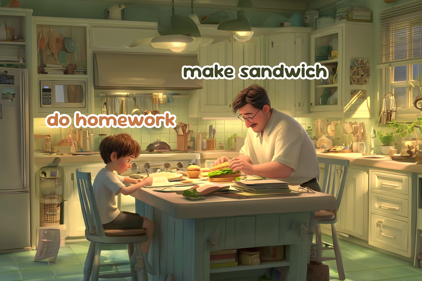 O ilustrație cu textul „make sandwich” deasupra unui tată care pregătește un sandwich în bucătărie, iar alături un copil la birou care își face temele, cu textul „do homework” afișat deasupra lui