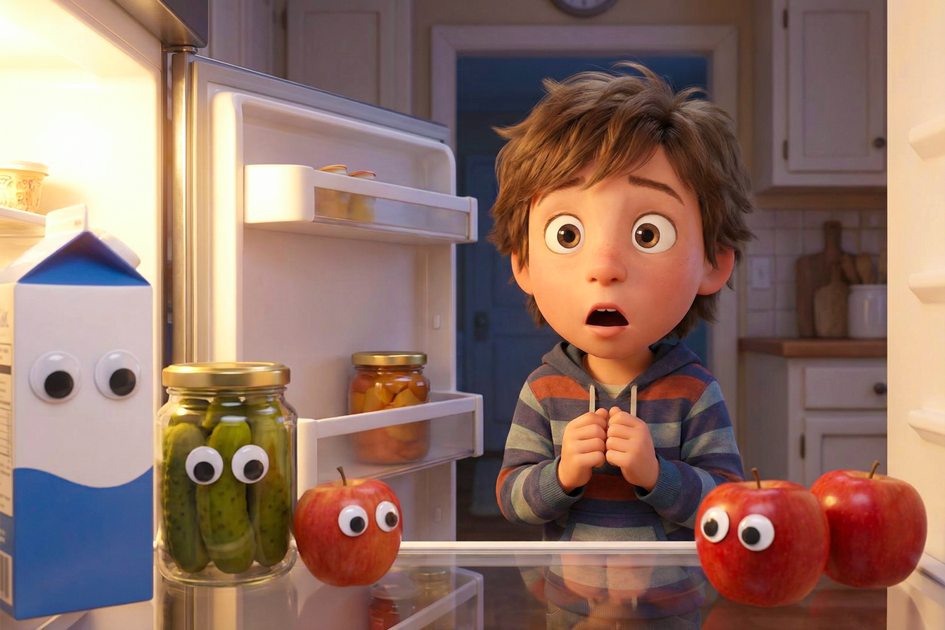Frigider deschis, cu ochișori mobili (googly eyes) lipiți pe cutia de lapte, un borcan și două mere; un copil privește surprins din fața ușii.