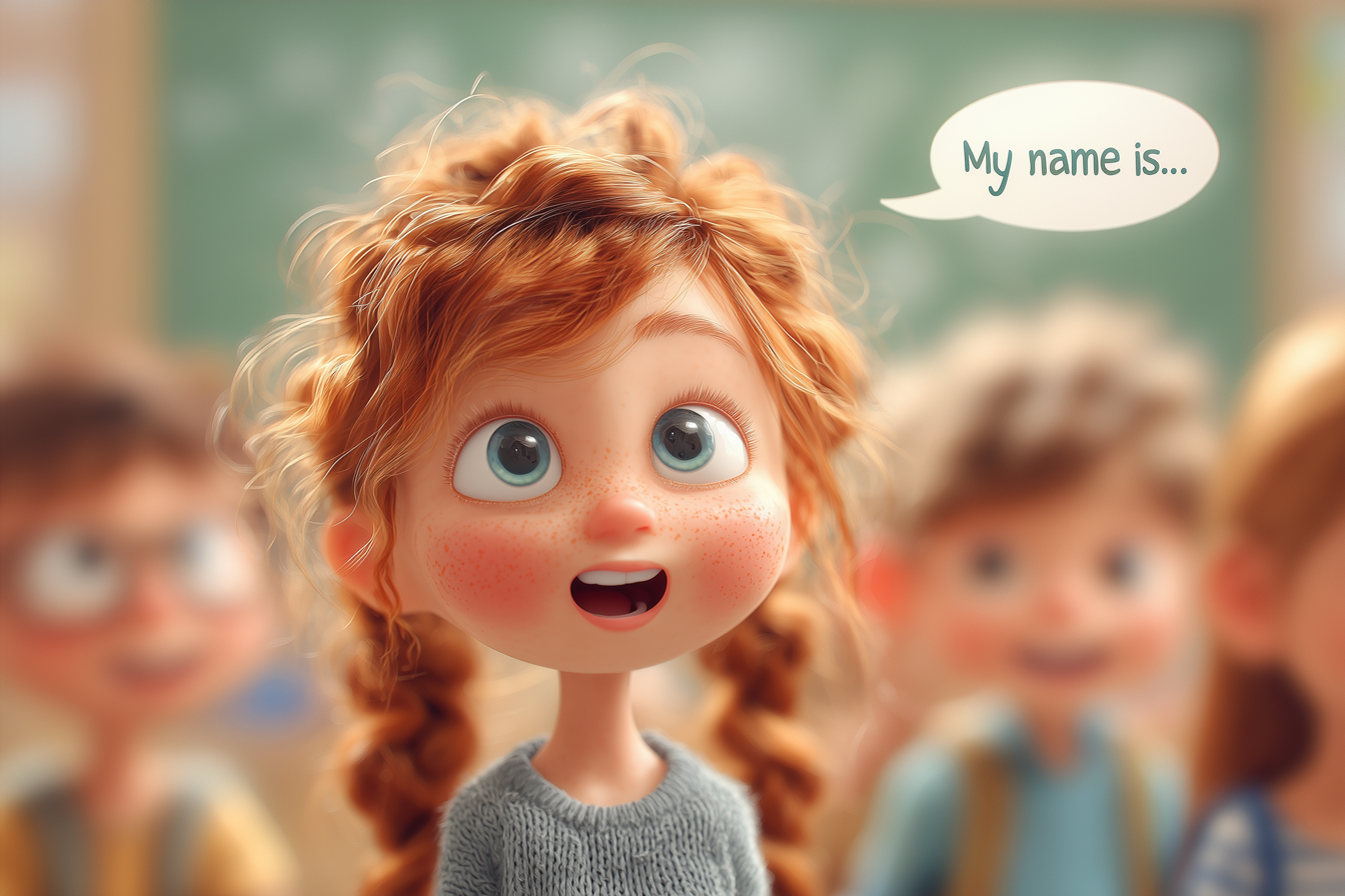 Copil zâmbind spune „My name is…” într-o lecție de engleză
