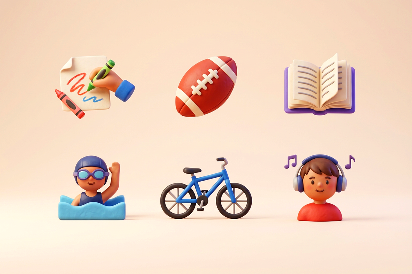 Pictograme cu hobby-uri pentru copii: desen, fotbal, citit, înot