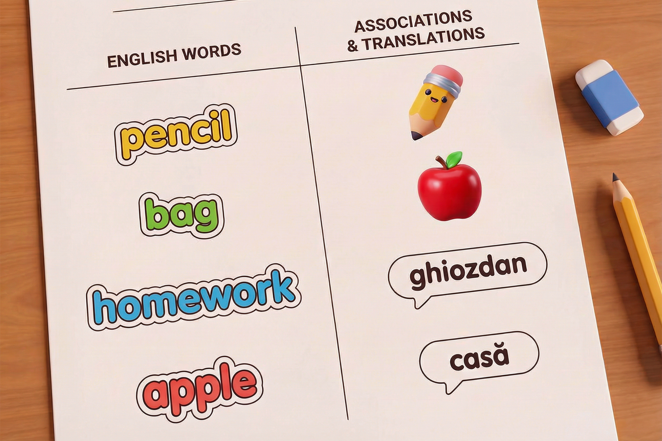 Fișă cu exercițiu de asociere - prima coloană: cuvinte în engleză (pencil, bag, homework, apple) și a doua coloană: imagini asociate (un pix, un măr) și traducerea sensului în română (ghiozdan, casă), aranjate aleatoriu