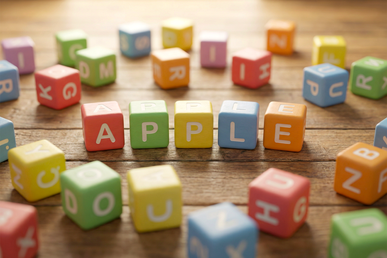 Cuburi cu litere împrăștiate pe masă, în centru sunt aranjate cinci cuburi care formează cuvântul „apple”