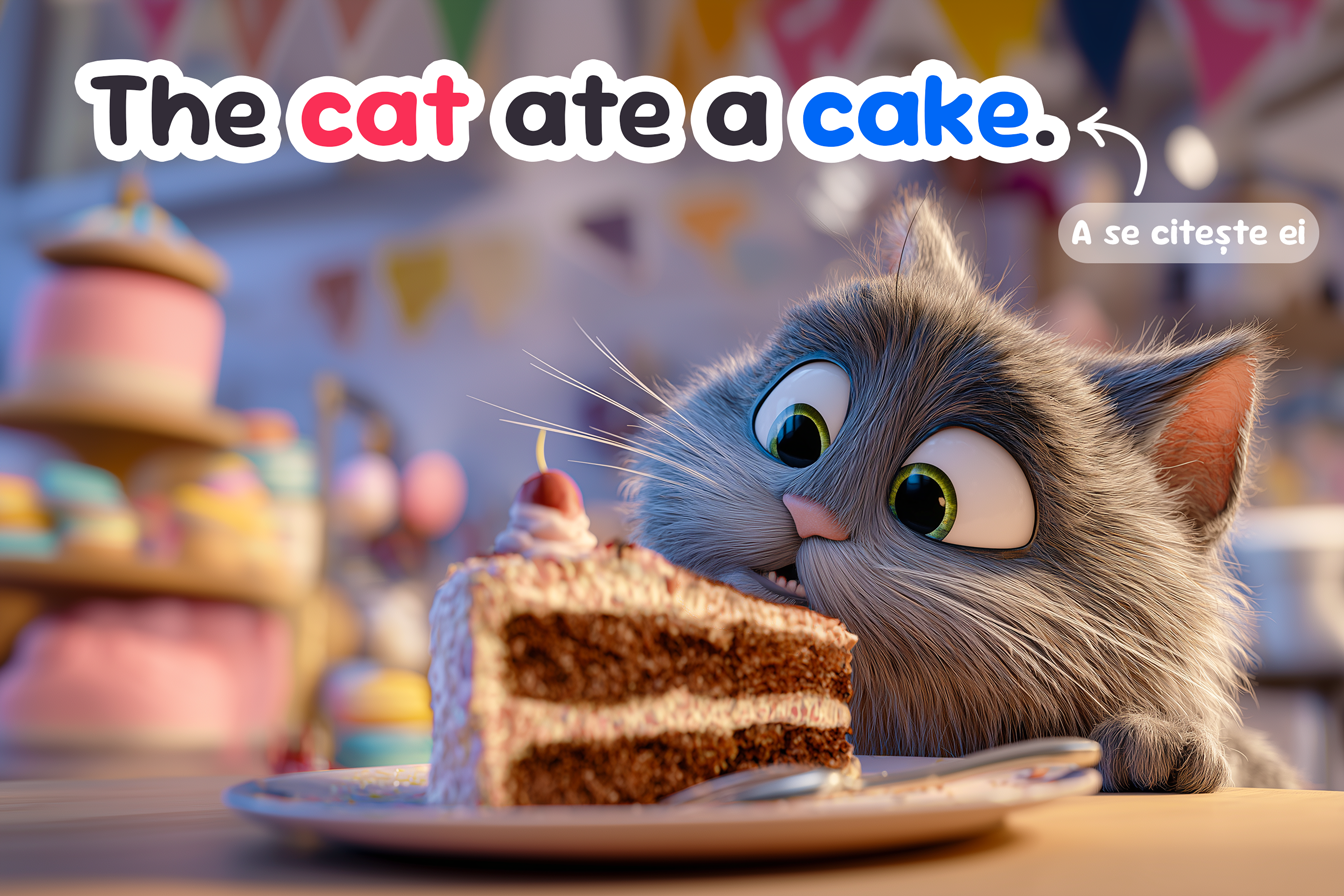 Ilustrație cu o pisică care a mâncat o prăjitură, deasupra ei scrie propoziția „The cat ate a cake.”; cuvântul „cat” evidențiat în roșu pentru A scurt și cuvântul „cake” evidențiat în albastru pentru A lung; lângă „cake” o săgeată mică indică textul „A se citește ei”.