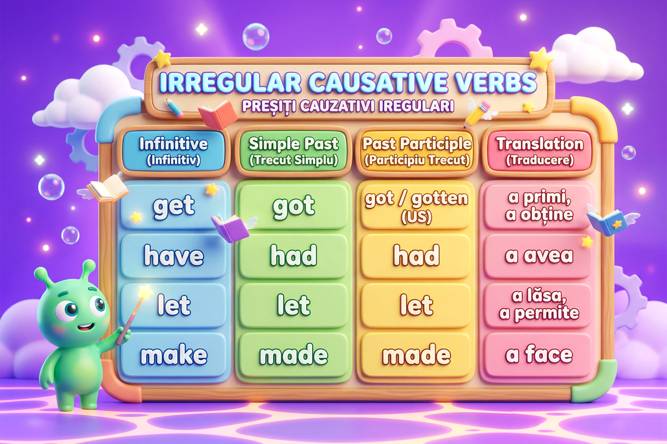 Un tabel clar, organizat pe patru coloane: Infinitiv, Trecutul simplu, Participiul trecut și Traducere. Tabelul conține formele neregulate pentru cele patru verbe cauzative principale: get / got / got / gotten (US) / a primi, a obține. have / had / had / a avea. let / let / let / a lăsa, a permite. make / made / made / a face.