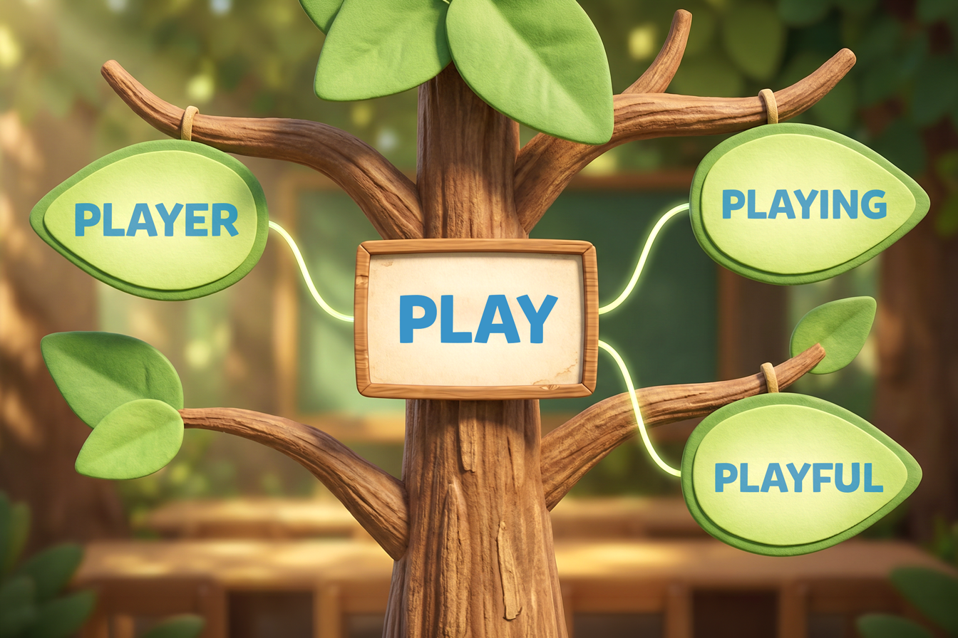 Diagramă cu familia de cuvinte “play” afișată pe flashcards: “play”, “player”, “playing”, “playful”, aranjate vizual ca un arbore lexical