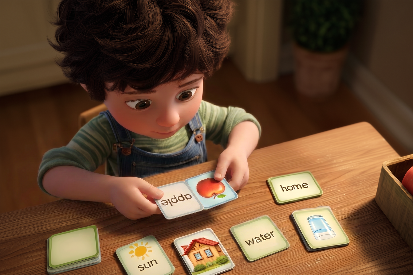 Copil care potrivește flashcarduri cu cuvântul “apple” și imaginea unui măr pe o masă; alte flashcarduri asemănătoare pentru “home”, “sun”, “water” sunt împrăștiate pe masă
