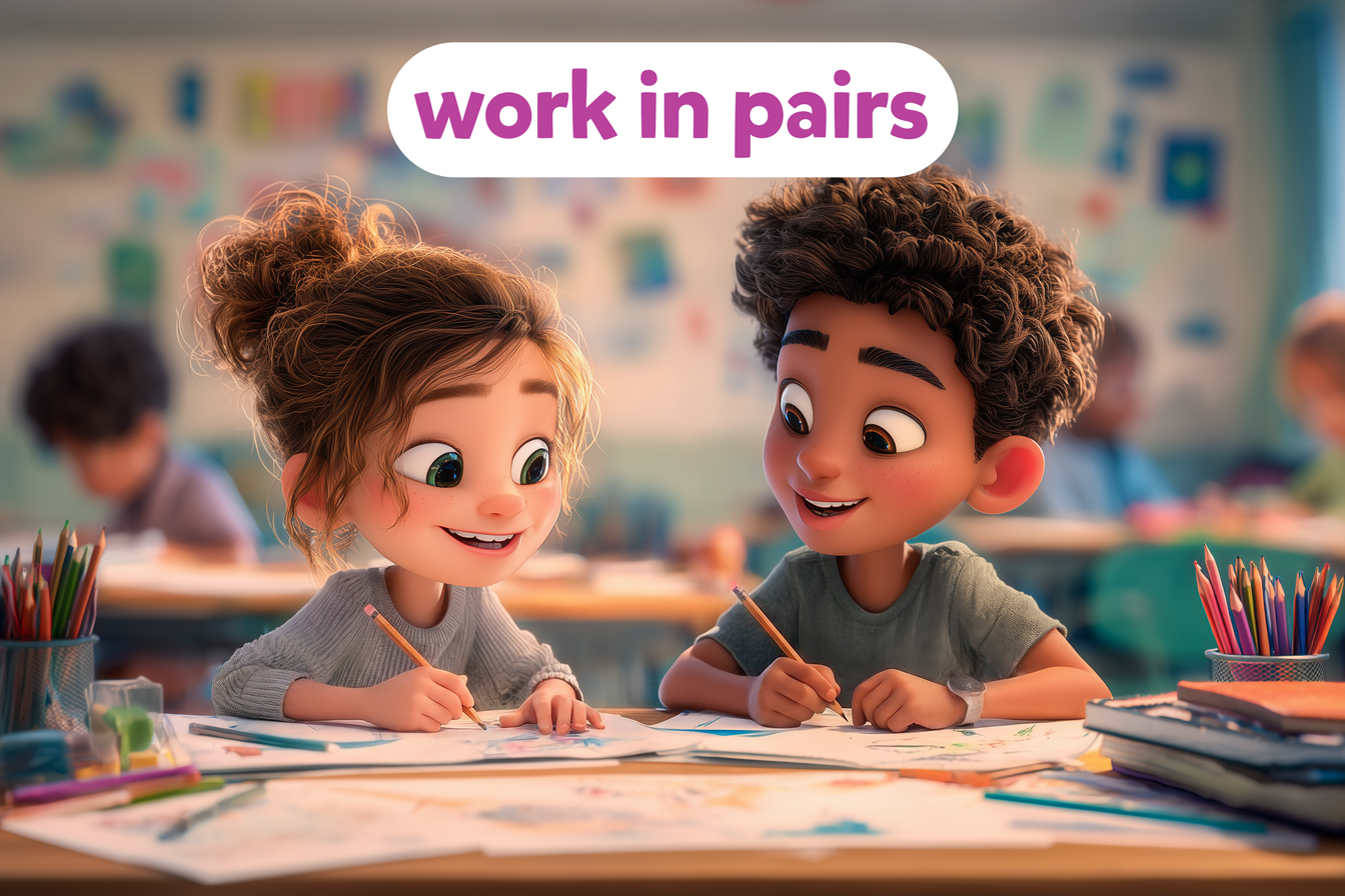 Doi copii lucrează împreună în clasă la aceeași masă, zâmbind și împărțind materiale școlare (creioane, foi). În imagine apare textul “work in pairs”