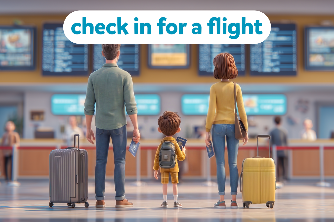 Ilustrație cu părinți și un copil care așteaptă la aeroport pentru check-in înainte de un zbor, iar deasupra este scrisă expresia “check in for a flight”