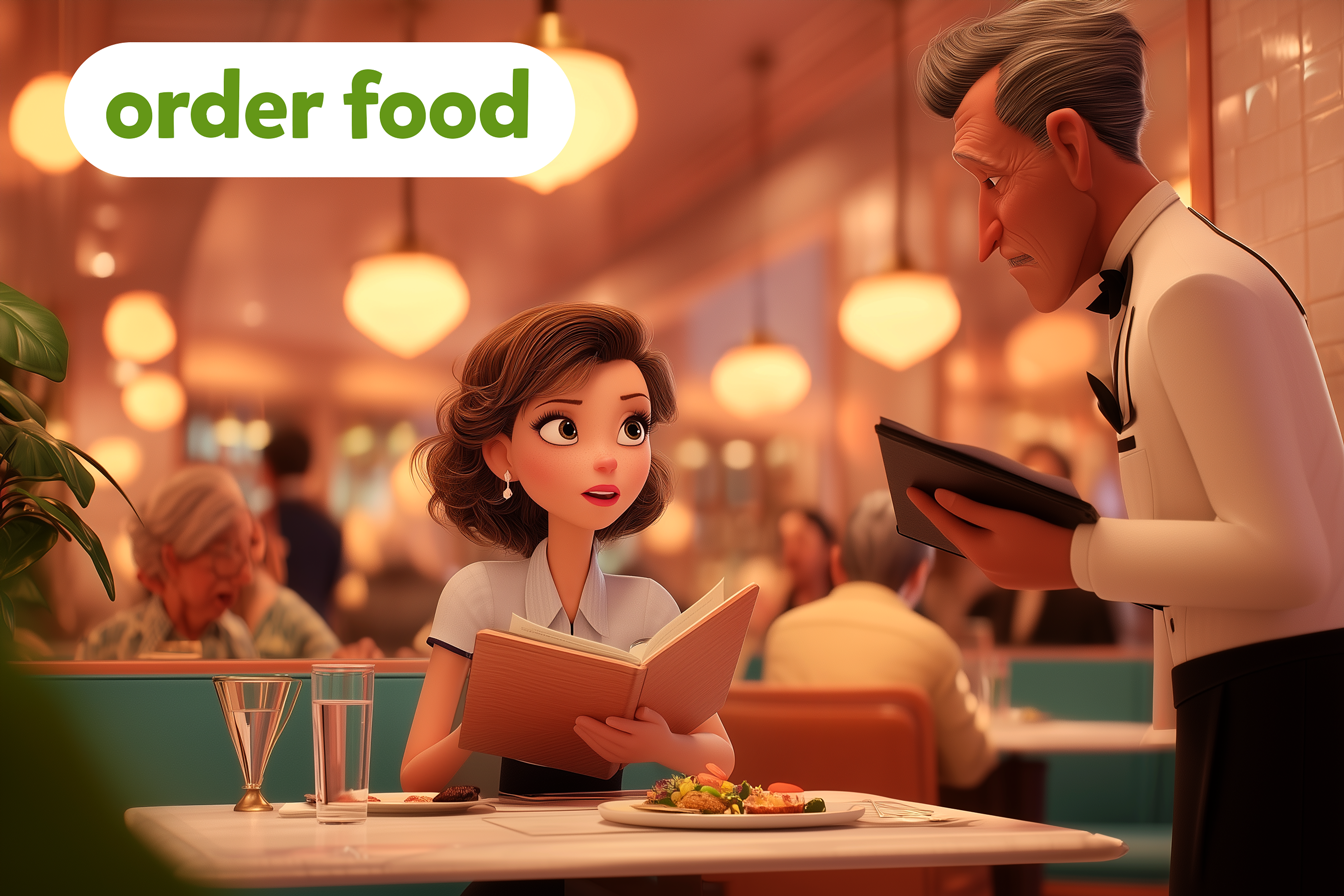 Ilustrație cu o persoană care comandă mâncare la restaurant, sus este scrisă expresia “order food”