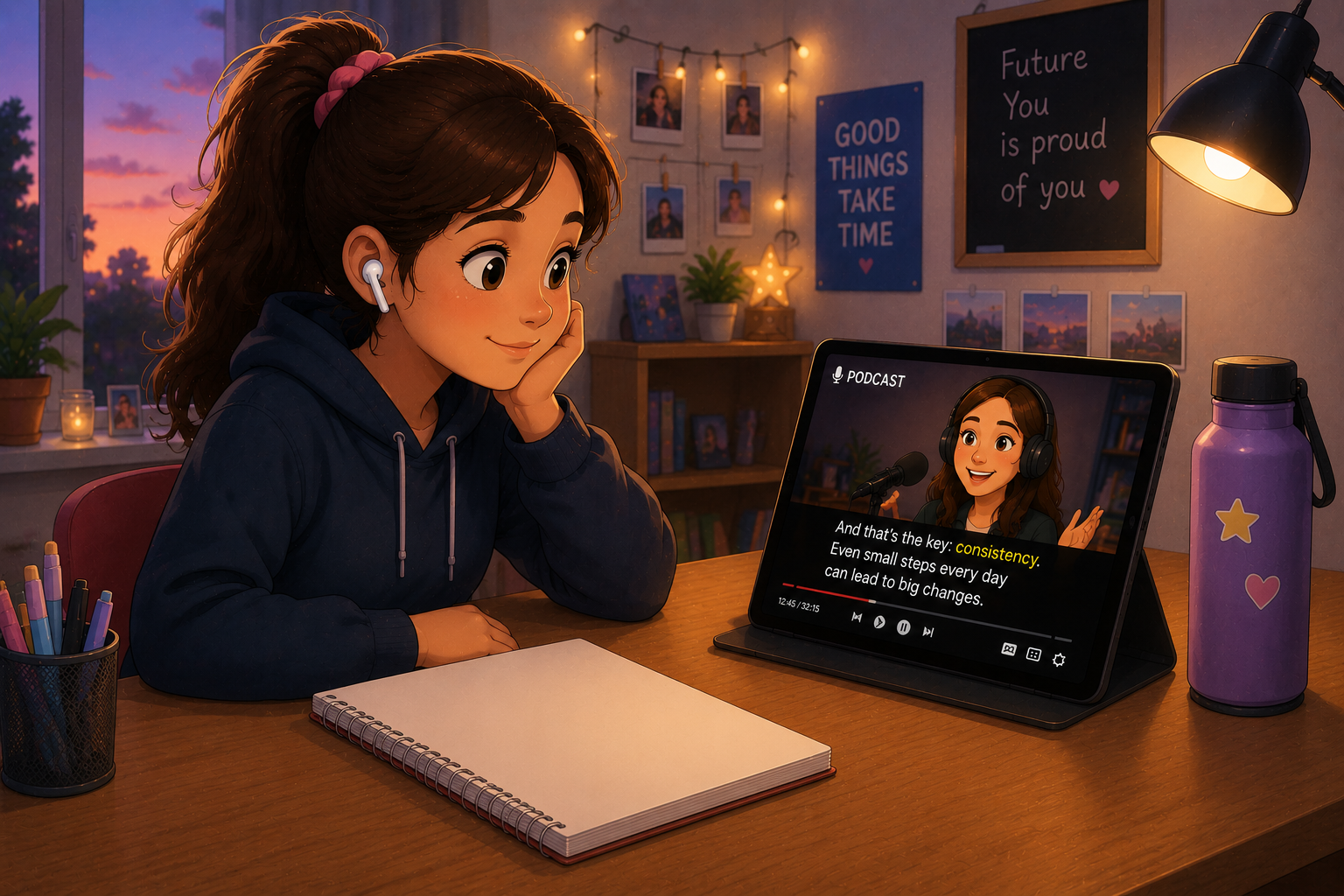 Adolescentă ascultă un podcast în engleză