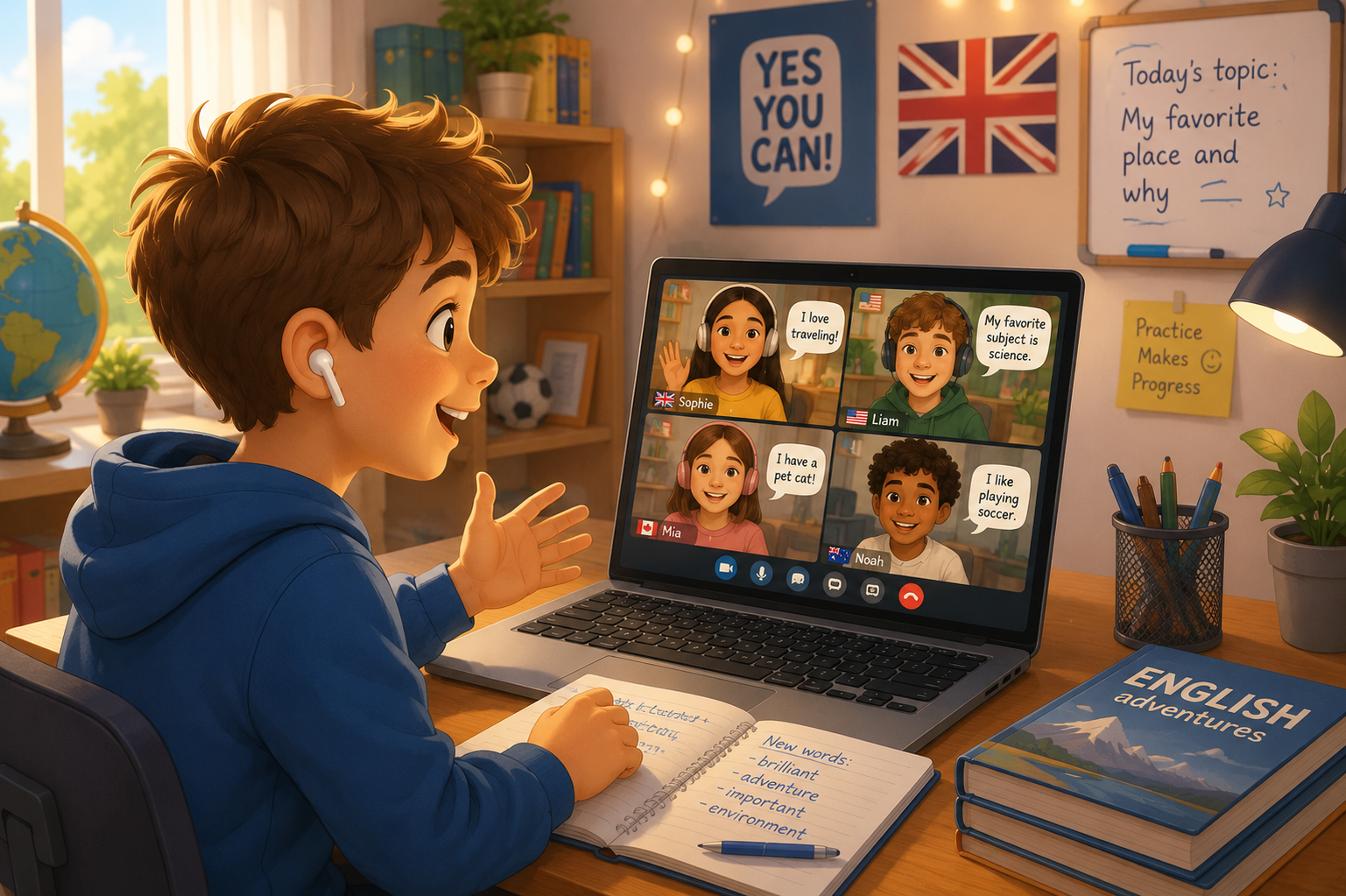 Preadolescentul participă la un curs de engleză online de grup