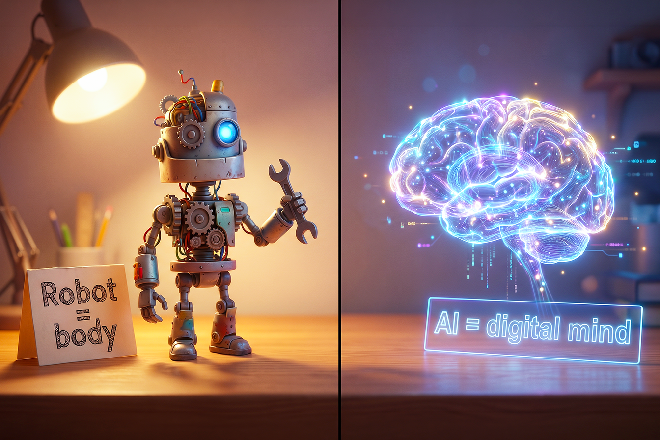 Ilustrație împărțită în două părți. În stânga, un robot generic cu componente mecanice, etichetat „Robot = corp”. În dreapta, o reprezentare abstractă a inteligenței artificiale ca o rețea de noduri luminoase sau creier digital, etichetat „AI = minte digitală”.