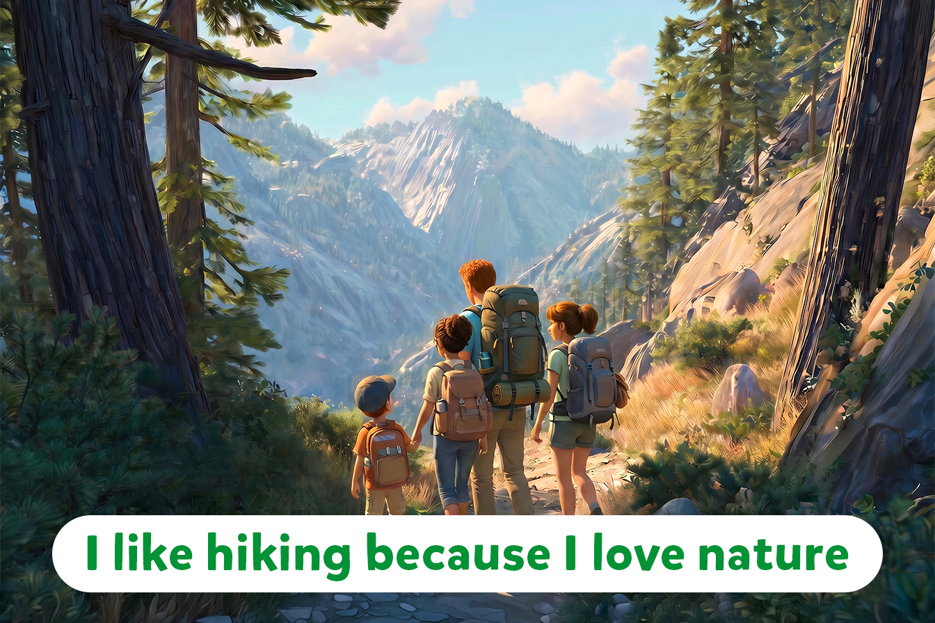 O familie face drumeție pe un munte, pe o potecă de pădure, cu copaci și peisaj montan în jur. În fundal, cer senin și lumină naturală. Text pe fundal: „I like hiking because I love nature.”