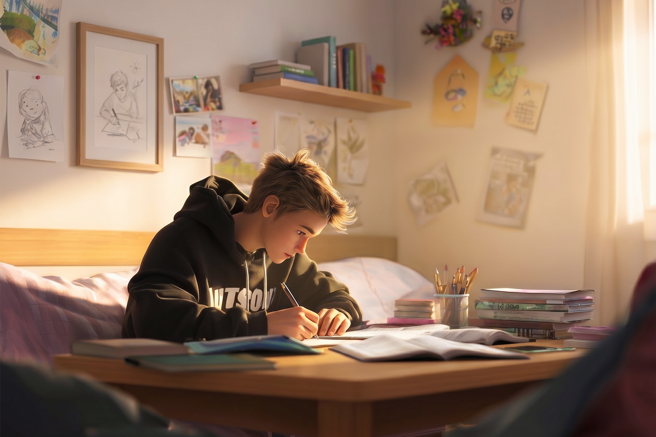 Adolescent de 15-16 ani care citește un text în engleză la birou, luând notițe
