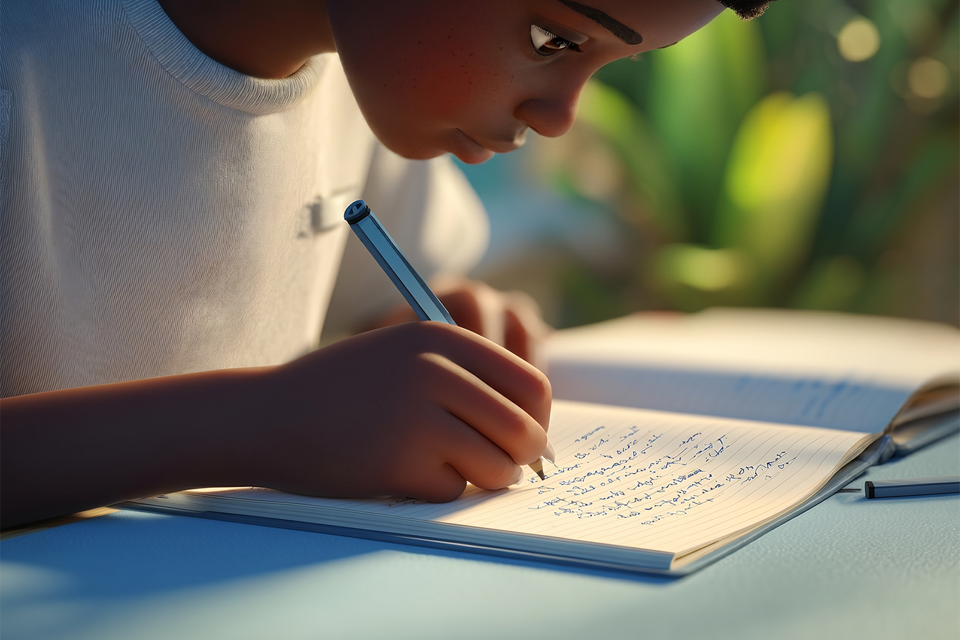 Elev de clasa a 5-a scriind un paragraf în engleză într-un caiet albastru deschis, pe pagină sunt vizibile mai multe rânduri de text tip propoziții scurte, sugerând un paragraf complet