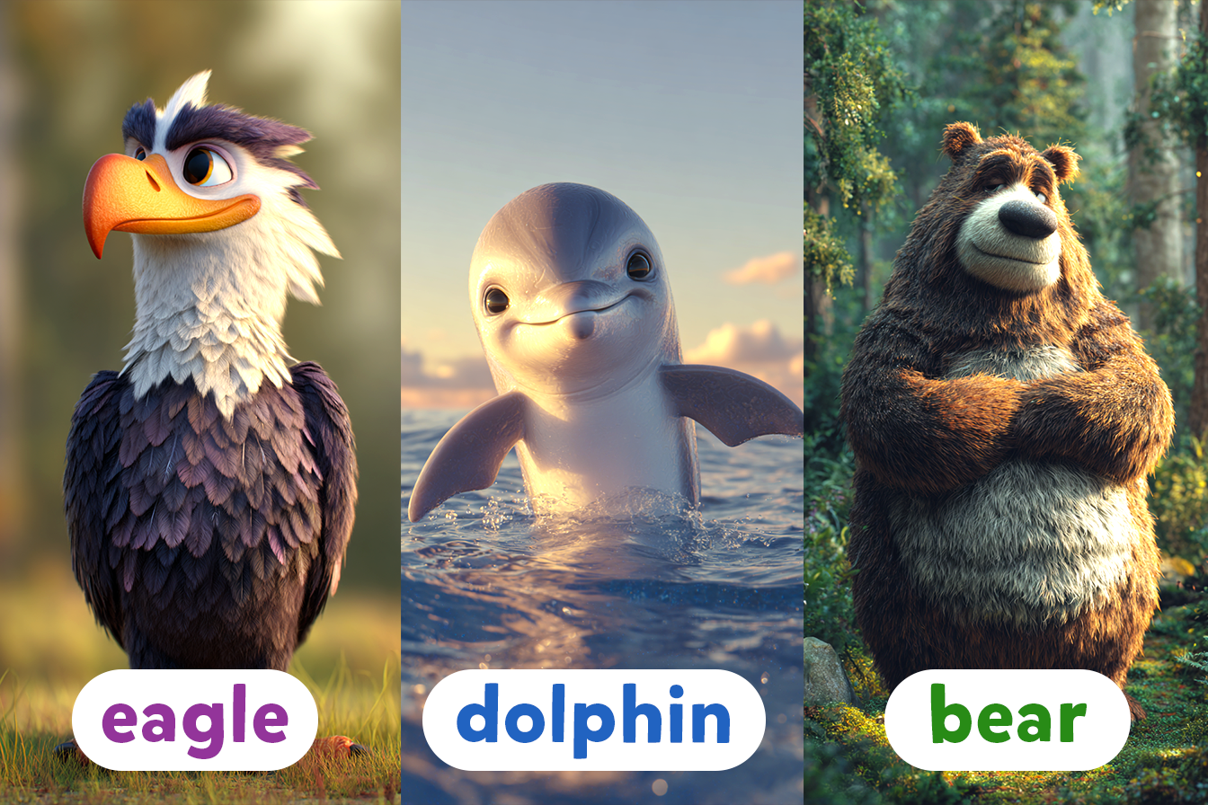 Ilustrație cu 3 animale sălbatice: eagle, dolphin, bear, fiecare etichetat în engleză deasupra imaginii