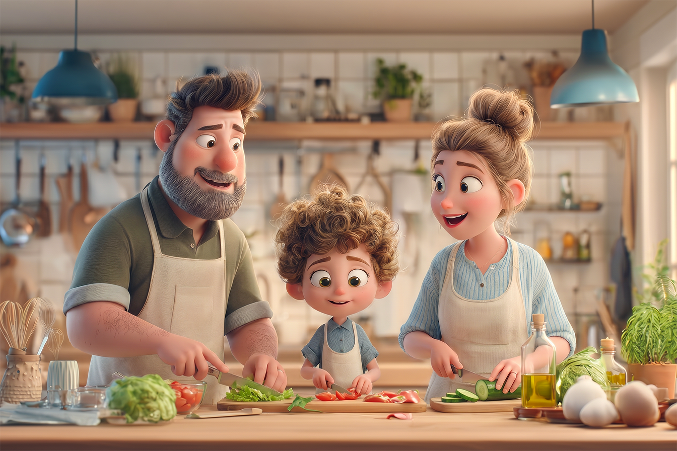 Ilustrație cu o familie care gătește împreună în bucătărie, pregătind ingrediente și zâmbind.
