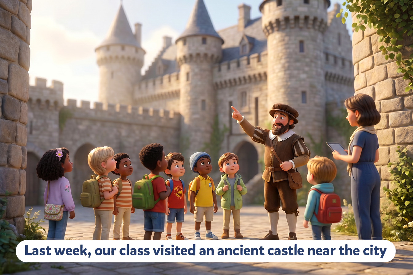Ilustrație cu niște elevi care vizitează un castel, cu un profesor și ghid; fraza ”Last week, our class visited an ancient castle near the city.” scrisă sus