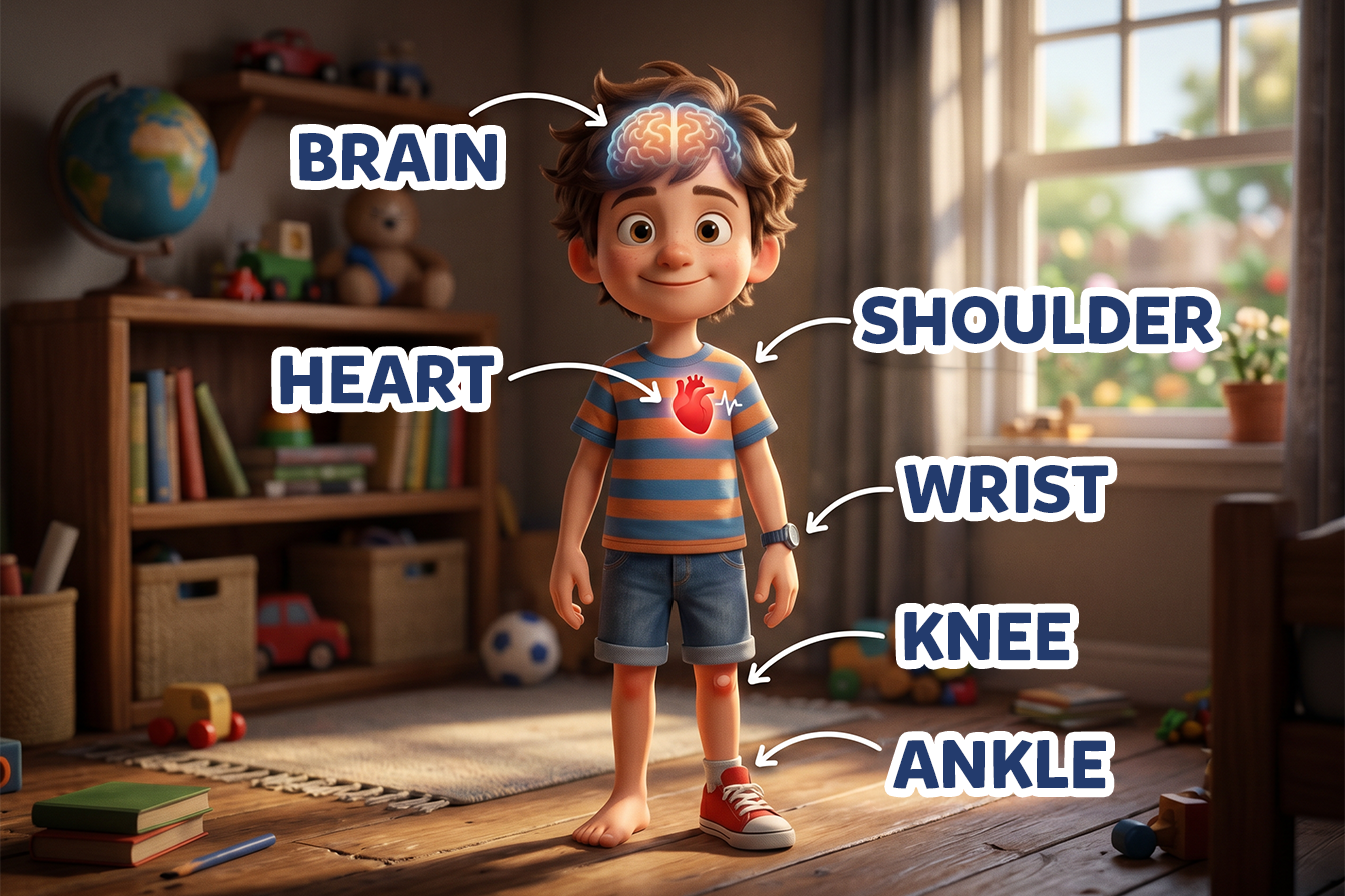 Diagramă educațională cu corpul uman și etichete pentru shoulder, wrist, knee, ankle, heart și brain.