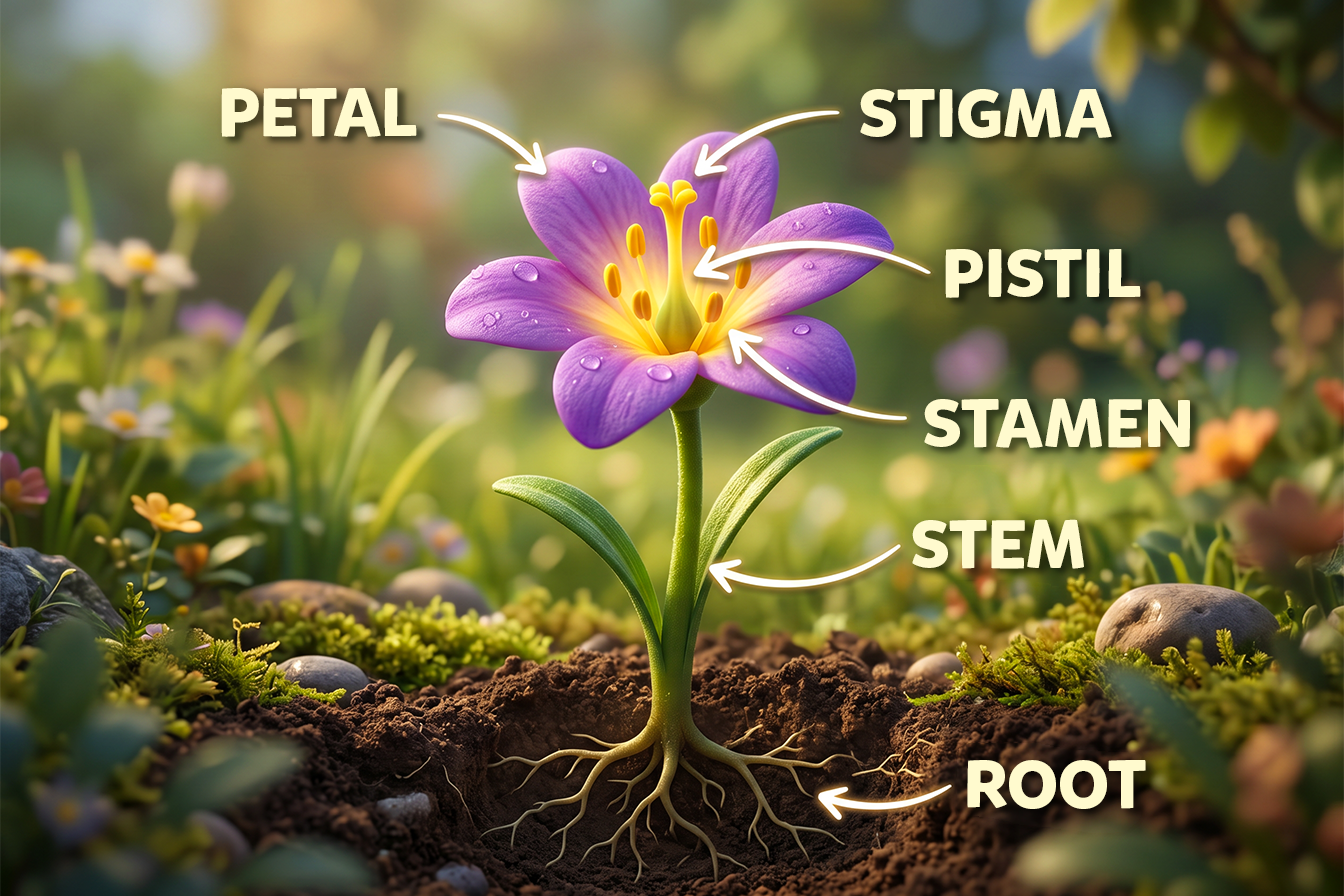 Diagramă ilustrativă a unei flori, cu săgeți care indică părțile componente în ordine: petală (petal), tulpină (stem), pistil, stamină (stamen), stigmat (stigma) și rădăcină (root).