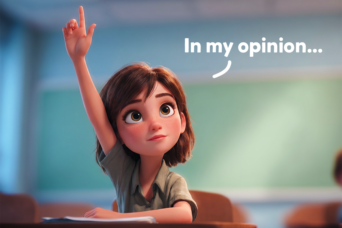 Un copil de clasa a 7-a, într-o sală de clasă, ridică mâna cu încredere și își exprimă punctul de vedere în limba engleză, spunând: “In my opinion…”