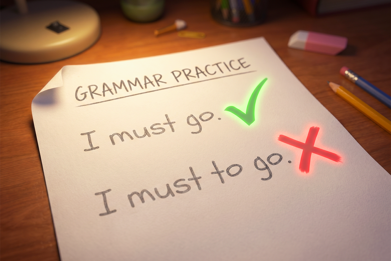 Fișă ce compară propozițiile „I must go” și „I must to go”, cu bifa verde pe varianta corectă și X roșu pe varianta greșită.
