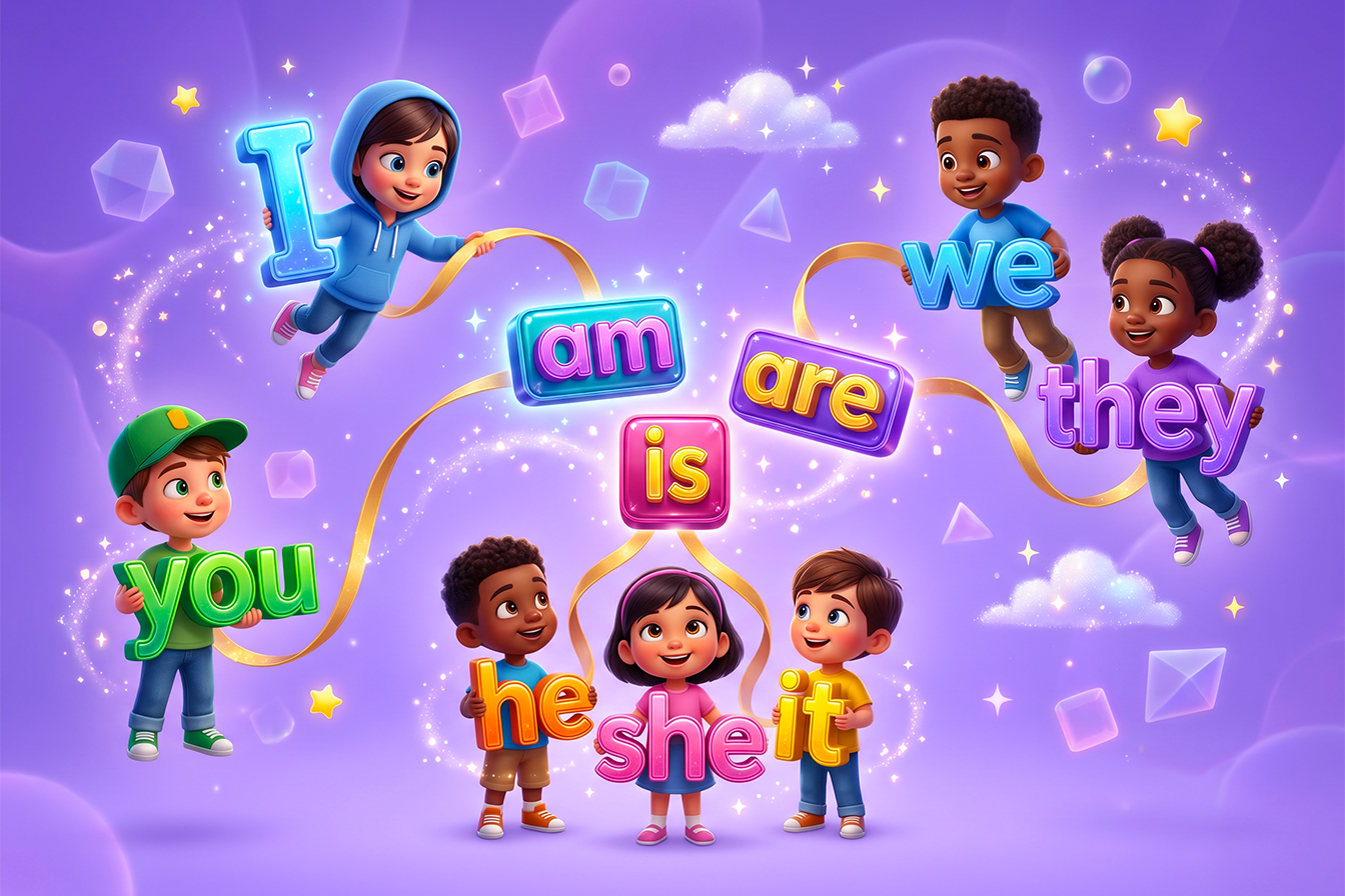 Tabel cu formele am, is și are asociate pronumelor I, you, he, she, it, we și they.