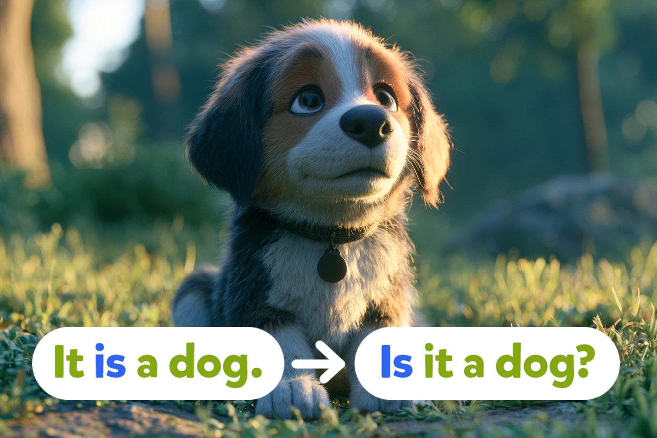 Ilustrație cu un cățel care arată transformarea propoziției „It is a dog” în întrebarea „Is it a dog?”, cu verbul „is” evidențiat înaintea subiectului.
