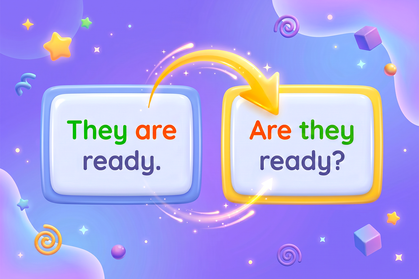 Două casete compară propoziția afirmativă „They are ready” cu întrebarea „Are they ready?”, evidențiind mutarea verbului are înaintea subiectului they.