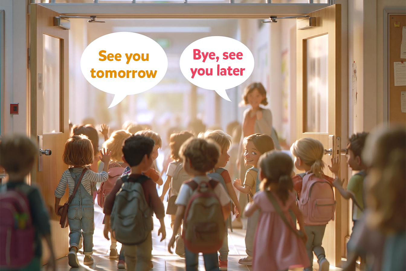Copii la ieșirea din clasă spunând ”See you tomorrow” și ”Bye, see you later” colegilor