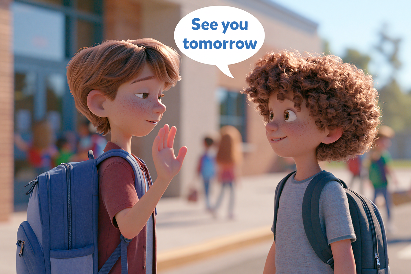Doi copii care își spun ”See you tomorrow” după terminarea orelor, ieșind din școală