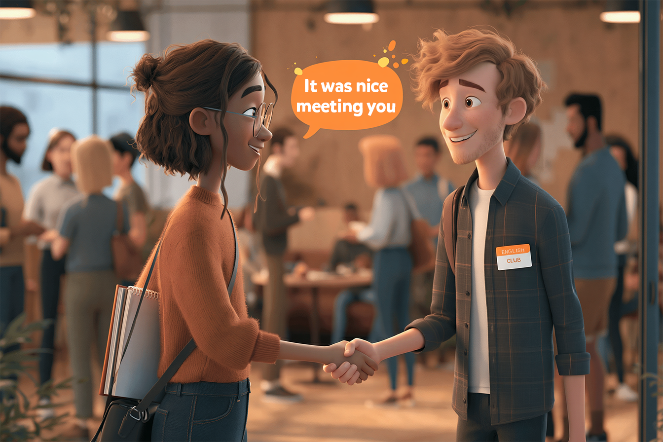 Două persoane care tocmai s-au cunoscut la un club de limba engleză și își iau rămas-bun spunând ”It was nice meeting you” după conversație