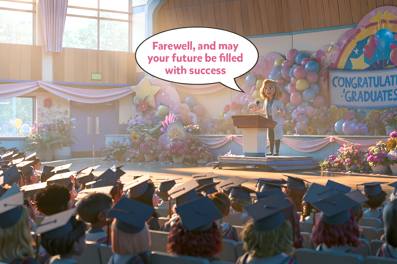 Profesor ținând un discurs de rămas-bun la ceremonia de absolvire și adresând elevilor urarea ”Farewell, and may your future be filled with success”