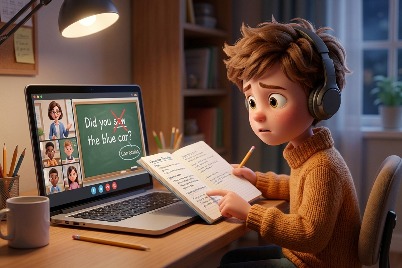 Copil de 8-10 ani la birou, în timpul unei lecții online de engleză, cu laptopul în față pe care apare o propoziție greșită marcată cu un X roșu: „Did you saw the blue car?”, iar copilul compară răspunsul cu notițele din caiet.