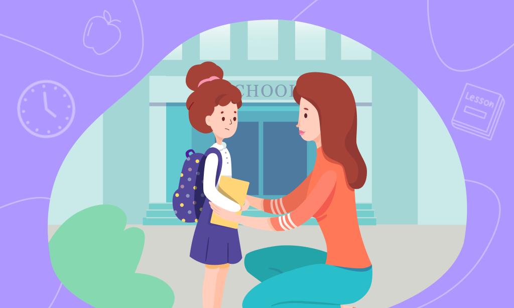 Anne kızıyla birlikte okul binasının önünde, okula gitmekten korkuyor