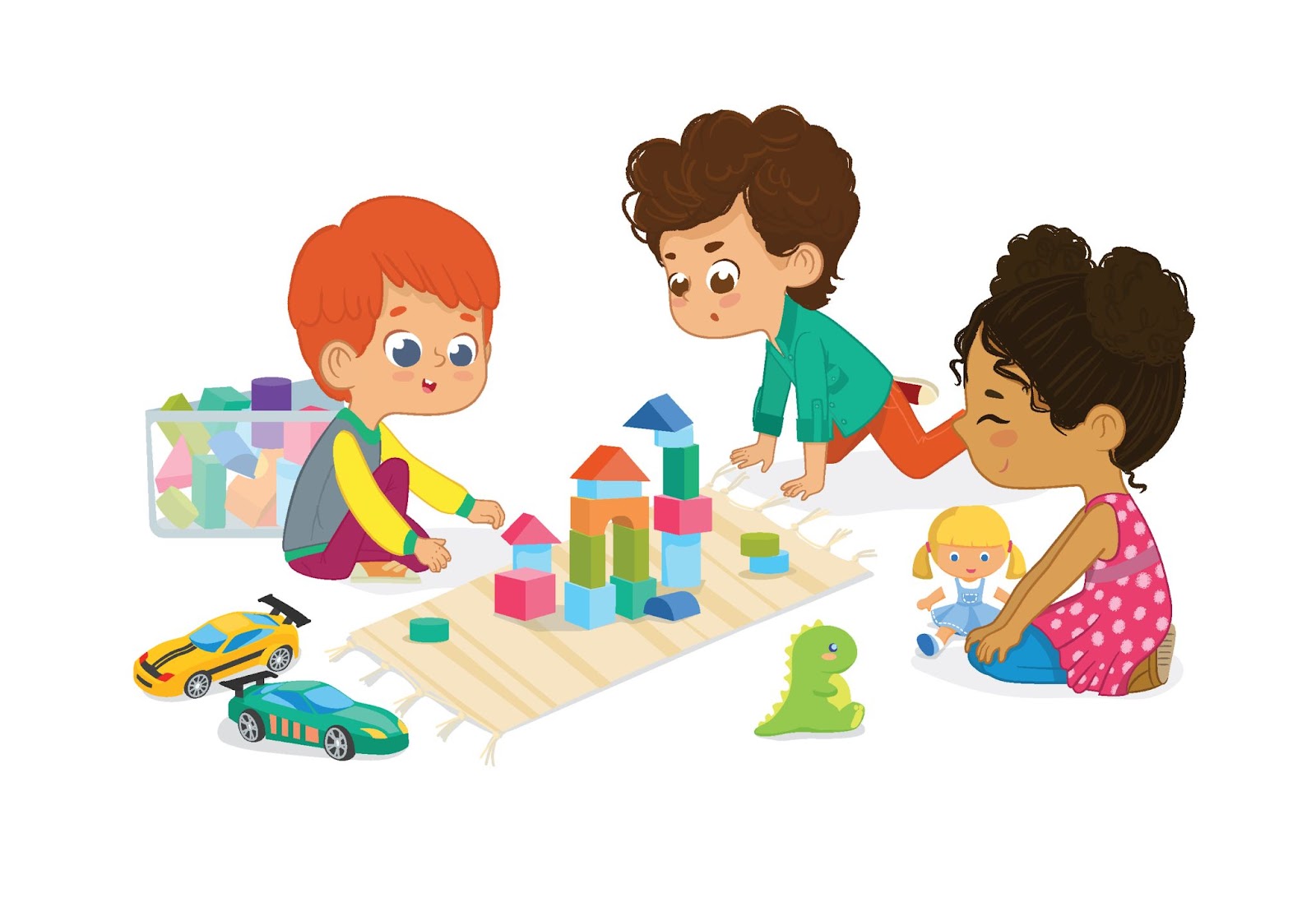 Çocuklar anaokulu sınıfında daire şeklinde oturup oyuncaklarla oynuyorlar, Montessori eğitim konsepti, illüstrasyon