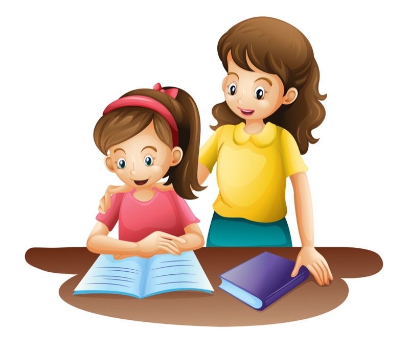 beyaz zemin üzerinde kitap okuyan anne ve çocuk illüstrasyonu